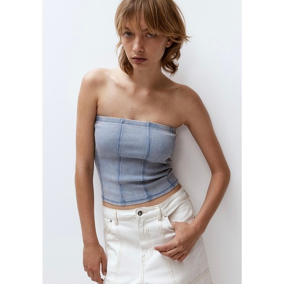 Ribbed Corset Style Tube Top Blue Denim Look Sleeveless Casual Trendy - Picture 1 of 6